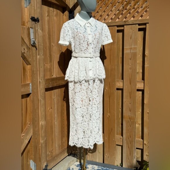 🆕 SELF-PORTRAIT 🧿 NWOT White Lace Peplum Belted Midi Dress, Sz UK 10 US 6 - Picture 4 of 16
